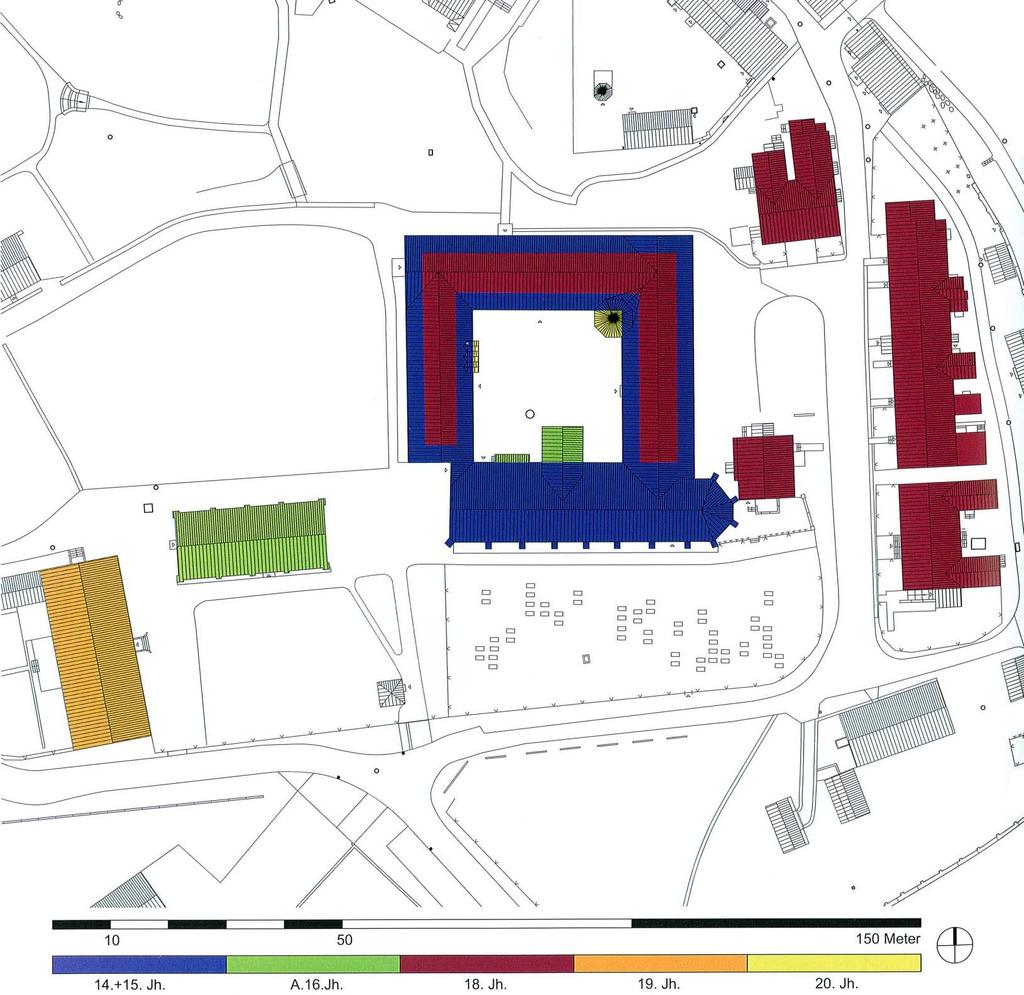 Lageplan: Klausur, Damenplatz und Kapelle Hauptbauphasen Quelle: Holland/