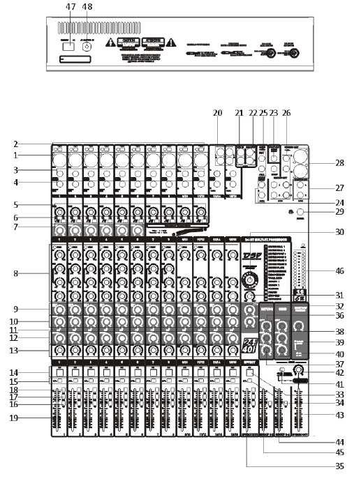 4.3. 16-Kanal Mischpult 1.MIC Eingangskanäle 1-10 XLR-Eingang für Mikrofone mit einem rauscharmen Mikrofonvorverstärker. 2.