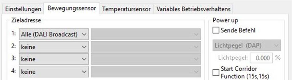 15 Bewegungssensor zeitlicher Ablauf für Bewegung In diesem Reiter lassen sich neben dem Wirkbereich, die Zeiten und Helligkeitswerte für den zeitlichen Ablauf definieren (siehe auch Zeitlicher