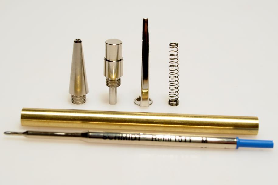 Bild 1: Der Bausatz 1. Kugelschreiberspitze mit Außengewinde M7 x 0,75 2. Druckmechanik mit Außengewinde M7 x 0,75 3. Klipp 4.