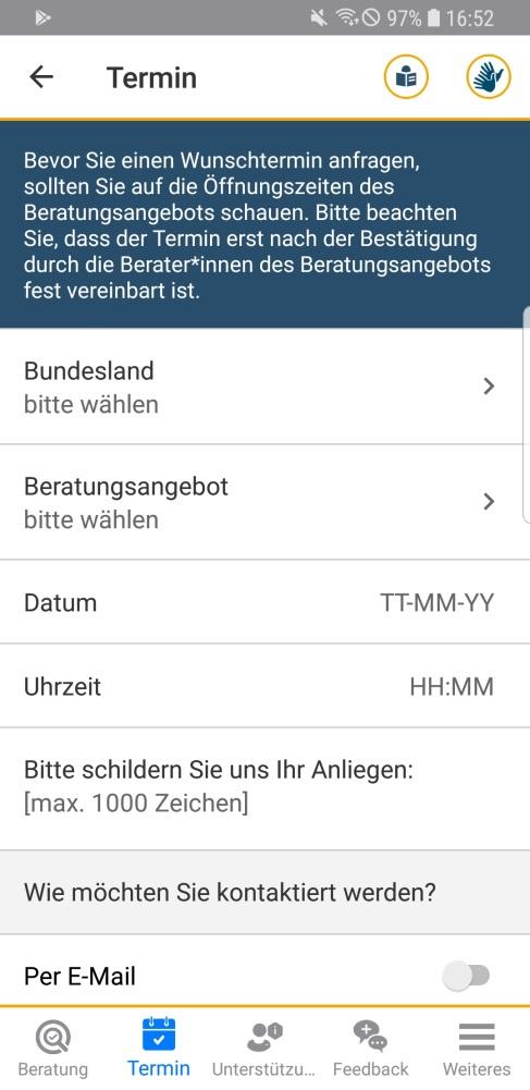 3 Termin Im Bereich Termin können Sie nach einem Termin für ein Beratungs-Angebot fragen.