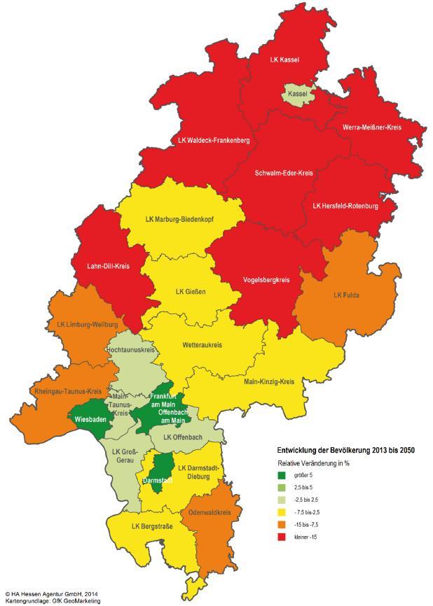 Regionale Bevölkerungsveränderung in Hessen 2013-2030 2013-2050
