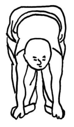 6. Krankheiten über die Rückseite verschwinden lassen (ausstreichen): liǎng shǒu pán xī gù shèn yāo 两手盘膝固肾腰 Zieht heilendes Qi durch den Körper, stimuliert die Nieren und massiert verspannte