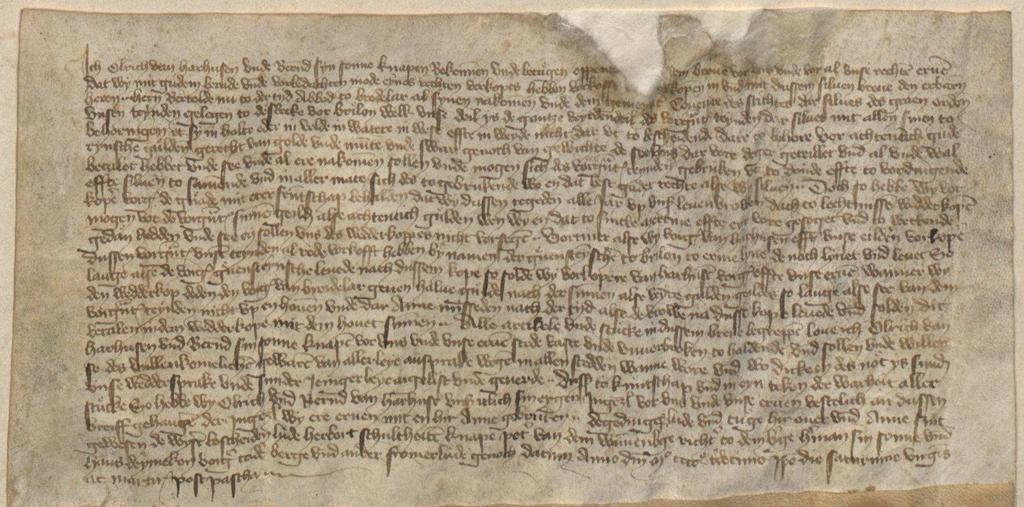 Archivale des Monats Juli 2013 Abgabenhandel vor 600 Jahren Die durch Mäusefraß beschädigte Urkunde dokumentiert einen spätmittelalterlichen Verkaufskontrakt.