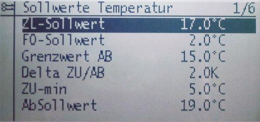 Zu 9 Parameter Sollwerte Temperaturen Im Menu-Punkt Sollwerte Temperaturen werden alle Sollwerte für Temperatureinstellungen definiert.