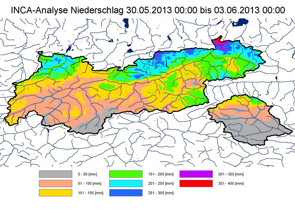 Hydrologische Übersicht Juni Abbildung 1: Niederschlagsanalysen INCA 3.. bis 3.6. (INCA-Daten ZAMG, Grafik HD Tirol) Das Niederschlagsereignis gliedert sich in zwei Phasen.