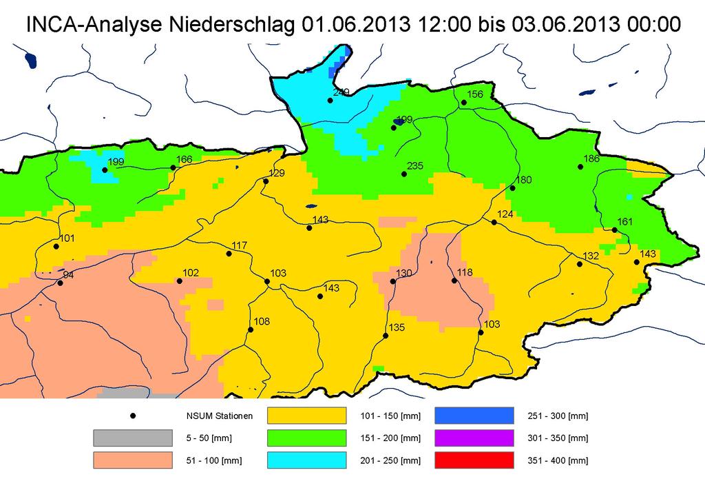 Hydrologische Übersicht Juni Abbildung 3: Niederschlagsanalysen INCA 1.6. 12: bis 3.6. : einschl.