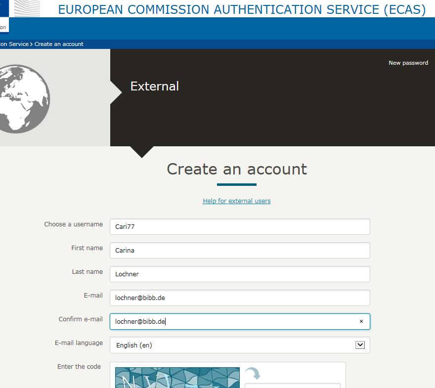 1.1 Erste Registrierung, wenn noch kein ECAS-Zugang für die Kontaktmailadressen existiert Gehen Sie auf Create an account und legen sich einen ECAS-Account für Ihre Mailadresse an.