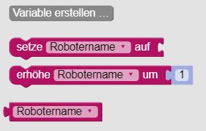 der Bezeichnung Robotername : Daraufhin wird Ihnen eine Reihe neuer Blöcke angezeigt (die soeben erstellten Blöcke): Wählen