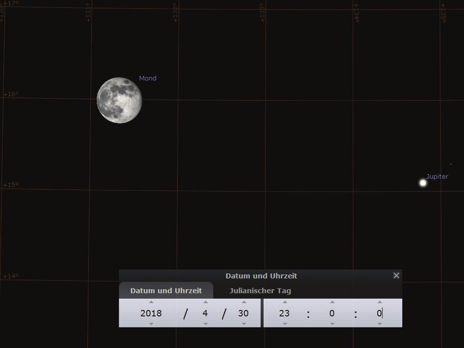 April 2018 morgens um 5 Uhr. Mond passiert Regulus im Löwen in der Nacht vom 24. auf den 25.
