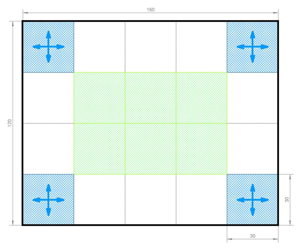 Wettbewerbsarena mit allen möglichen Startfeldern und Startrichtungen (blau) und allen möglichen Feldern, auf denen der Ziegel
