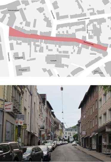 Projekte: Umgestaltung / Aufwertung von Stadtstraßen Aufwertung zentrumsnaher Straßenraum / Altstadt Bismarckstraße: Verkehrsraum ist von parkenden Pkw, teilweise Leerständen und einem