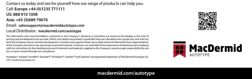 Die Produktpalette der Autotype-Trübungsentferner MacDermid Autotype stellt eine umfassende Produktpalette an Trübungsentfernern her, mit denen alle Ihre Anforderungen an die Siebreinigung abgedeckt