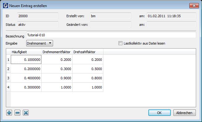 Eine Bezeichnung wird eingegeben und für die entsprechenden Laststufenelemente erfolgt noch die Angaben zu Häufigkeit, Leistungs- bzw. Drehmomentenund Drehzahlfaktoren.