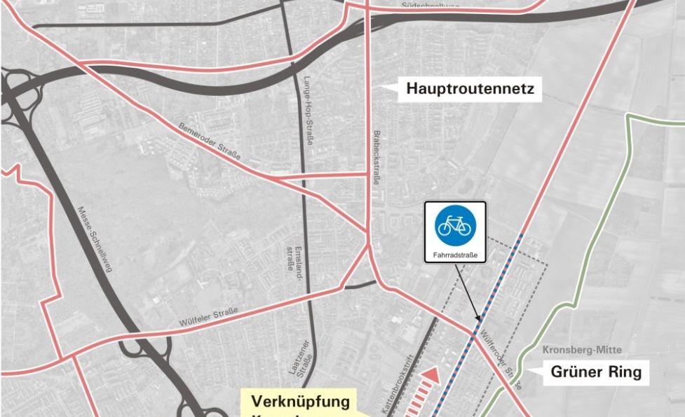 3.4 Radverkehr Die in Kronsberg Mitte (Straßenzug Funkenkamp/Ellernbuschfeld) bereits bestehende Fahrradstraße wird nach Süden durch Kronsberg Süd bis zum Quartiersplatz an der Haltestelle Messe-Ost
