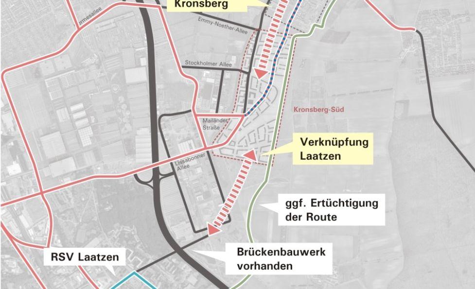Im Hinblick auf einen Lückenschluss Richtung Laatzen wird die Kattenbrookstrift südlich der Mailänder Straße ins Hauptradroutennetz aufgenommen.