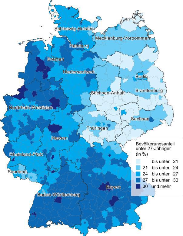 Lebensorte der unter 25-Jährigen Anteil unter 27 Jähriger an der Gesamtbevölkerung auf kommunaler Ebene (Kreise und kreisfreie Städte; 2014; Angaben in %) Niedersachsen gehört zu den jungen Regionen