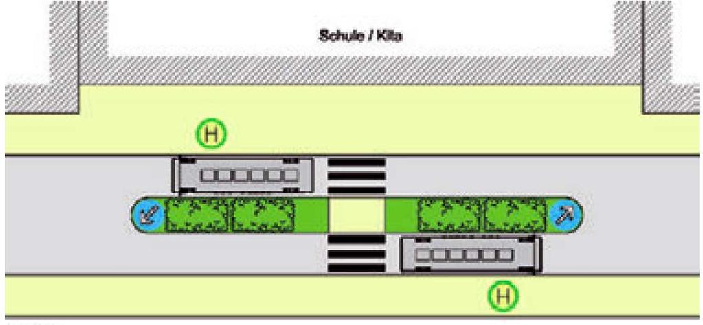 Halten am Fahrbahnrand / Buskap Auch in Kombination mit einem Fußgängerüberweg (Zebrastreifen) sind
