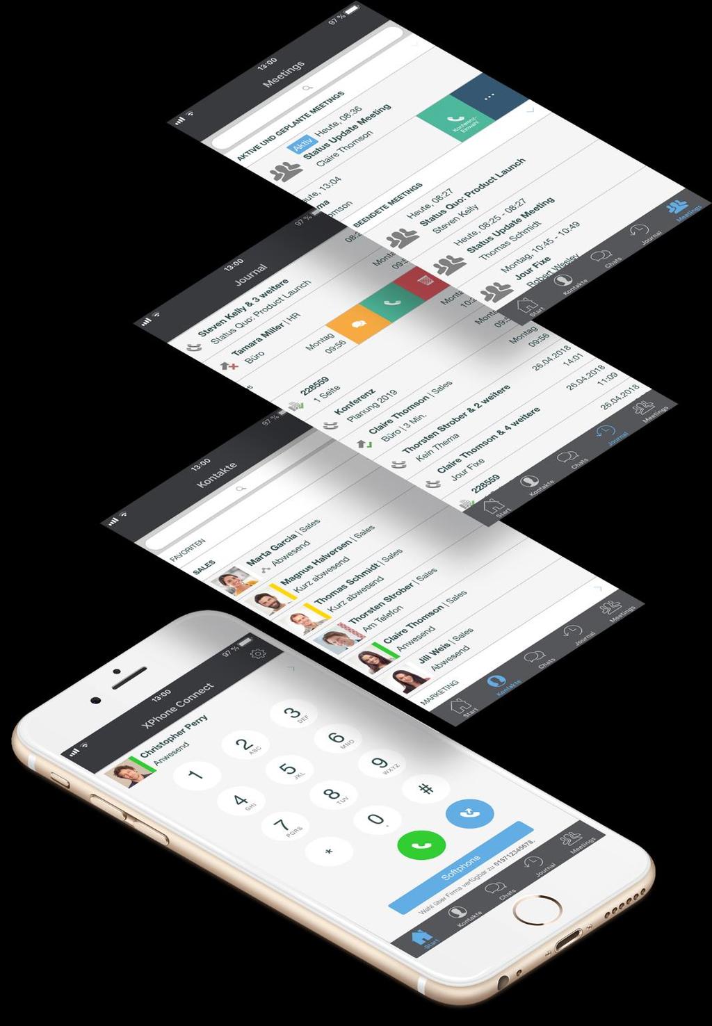 Anrufer-Identifizierung Über die Mobile App können Sie unterwegs auf alle Datenbanken zugreifen, die an XPhone Connect angeschlossen sind: