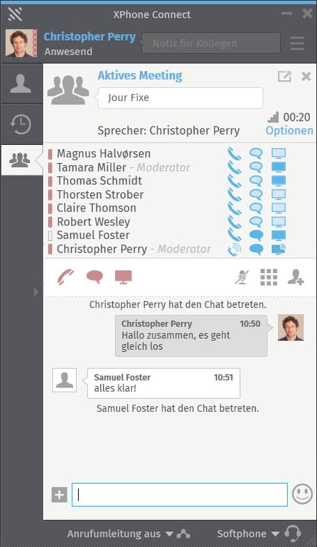 13 XPHONE MEETINGS Im XPhone Meeting stehen Ihnen alle Kanäle offen. Telefon-Konferenz. Screen-Sharing. Chat.