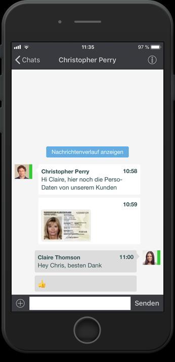 Ihr Gesprächspartner kann auch sofort im Chat-Popup antworten. Über die Mobile App sind Sie auch unterwegs via Chat erreichbar.