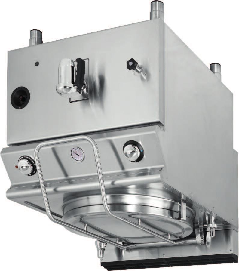 Bottom of the well in stainless steel AISI-316-L. Double jacket pan (bain-marie system). Filling tap and control tap for the level of the bain-marie. Level indicator.