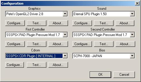 SSSPSX Version 0.0.34 CD-ROM Konfiguration: Wir benutzen das interne SSSPSX Version 0.0.34 (SSSPSX CDR-Plugin [Internal]) und (P.E.Op.S ASPI/IOCTL PSX CDR Driver (Z) v.1.
