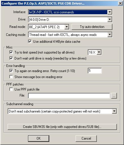 PSX CD-ROM Konfiguration: Image Formate vom Virtuellen Laufwerk:.ISO = (P.E.Op.S ASPI/IOCTL PSX CDR Driver (Z) v.1.4).mdf = (P.E.Op.S ASPI/IOCTL PSX CDR Driver (Z) v.1.4) Image Formate unbekannt oder noch nicht getestet:.