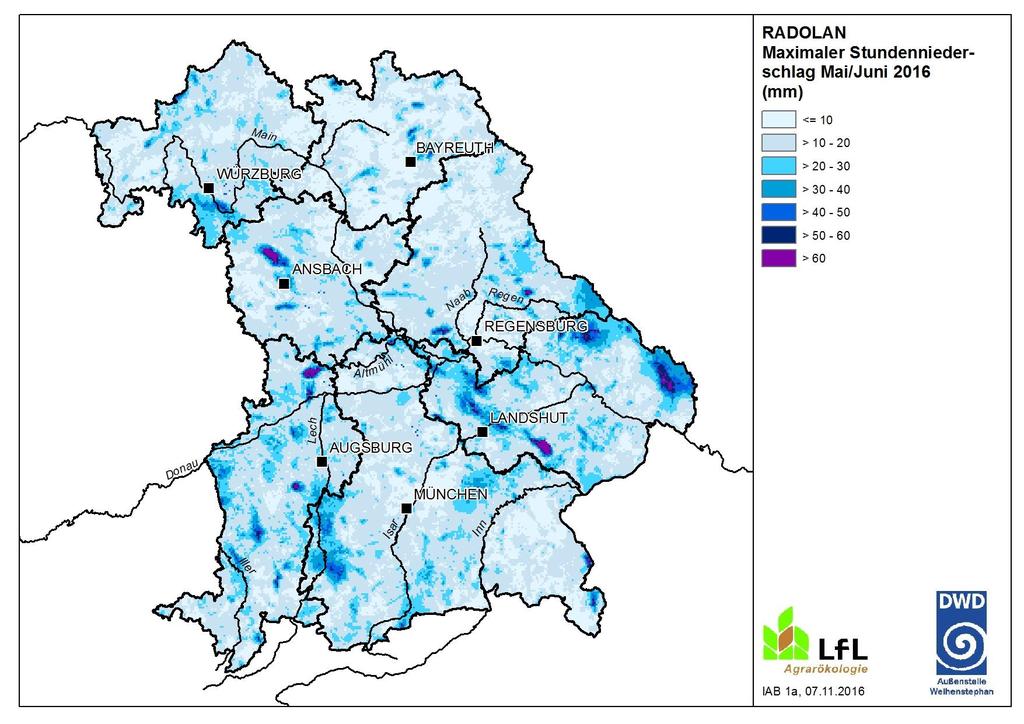 Maximaler Stundenniederschlag im Mai/Juni 2016 Verbreitet hoch
