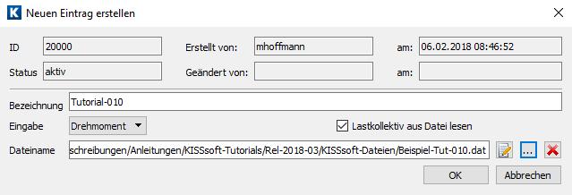 Angabe der Datei - Bezeichnung, in welchem das Lastkollektiv gespeichert wurde Wird die Datei mit dem Lastkollektiv in einem beliebigen Ordner abgelegt, so muss im Feld «Dateiname» der gesamte Pfad +