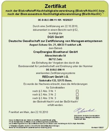 Seite 18 Chart 16: Nachhaltiges Bioethanol aus Wanze und Zeitz Zertifizierung der Anlagen in Zeitz und Wanze gemäß REDcert im Oktober 2010 Zertifizierungsstelle: DQS GmbH, Frankfurt Erzeugtes