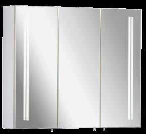 28 Spiegelschrank LG 80 BxHxT: 80 x 68 x 16 cm 3 Türen, 4 Glaseinlegeböden, linke+rechte Tür innen verspiegelt, Energieeffizienzklasse A+ 2 x 2,9W 230V AC Weiß Glanz Art.-Nr.