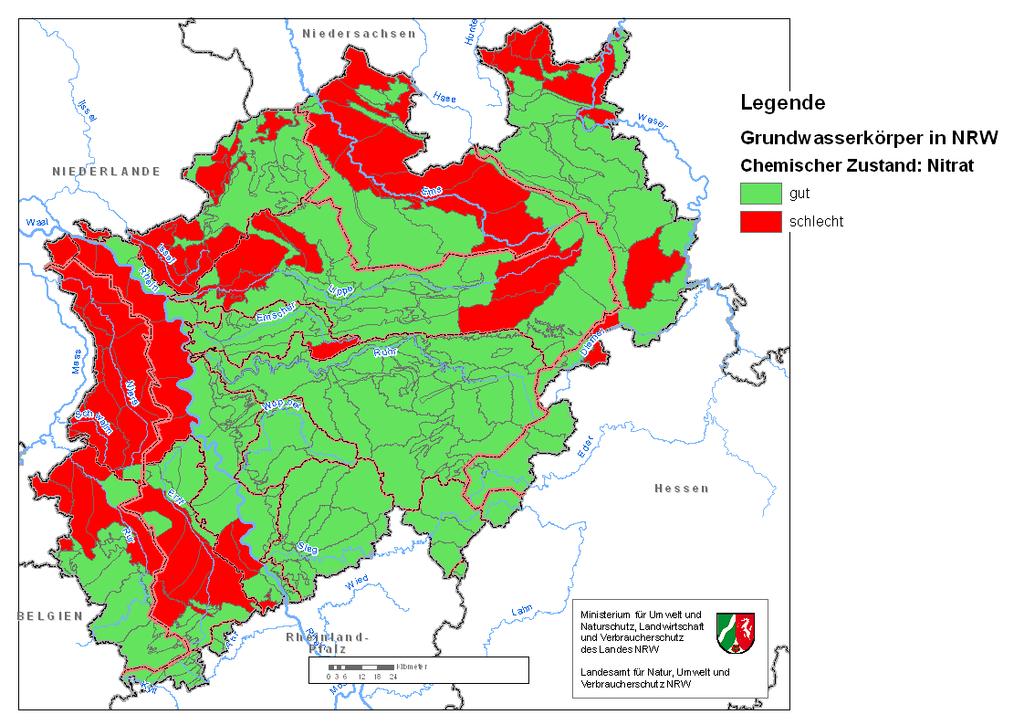Chemische Qualität des Grundwassers in NRW - Nitrat Chemischer Zustand Nitrat Anzahl Anzahl [%] Fläche [ km ] Fläche [%] Grundwasserkörper im