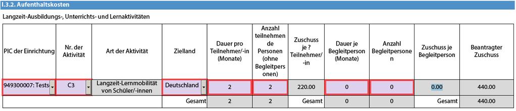 Beispiel 3: Individuelle Schülermobilität zweier Schüler/-innen von Testschule 2 (Österreich) an die Testschule 1 in Deutschland, Dauer 2 Monate Schritt 1: Reisekosten Legen Sie mit Klick auf + eine