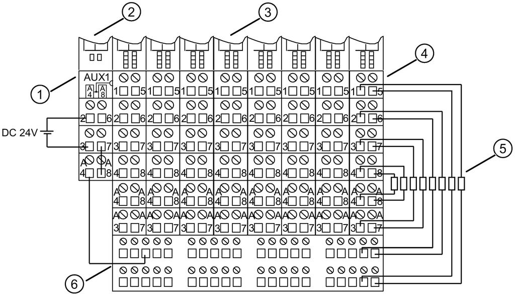 Eigenschaften 1.1 2-Leiteranschluss Im folgenden Aufbaubeispiel ist ein 2-Leiteranschluss mit den Elektronikmodulen 8DO DC24V dargestellt.
