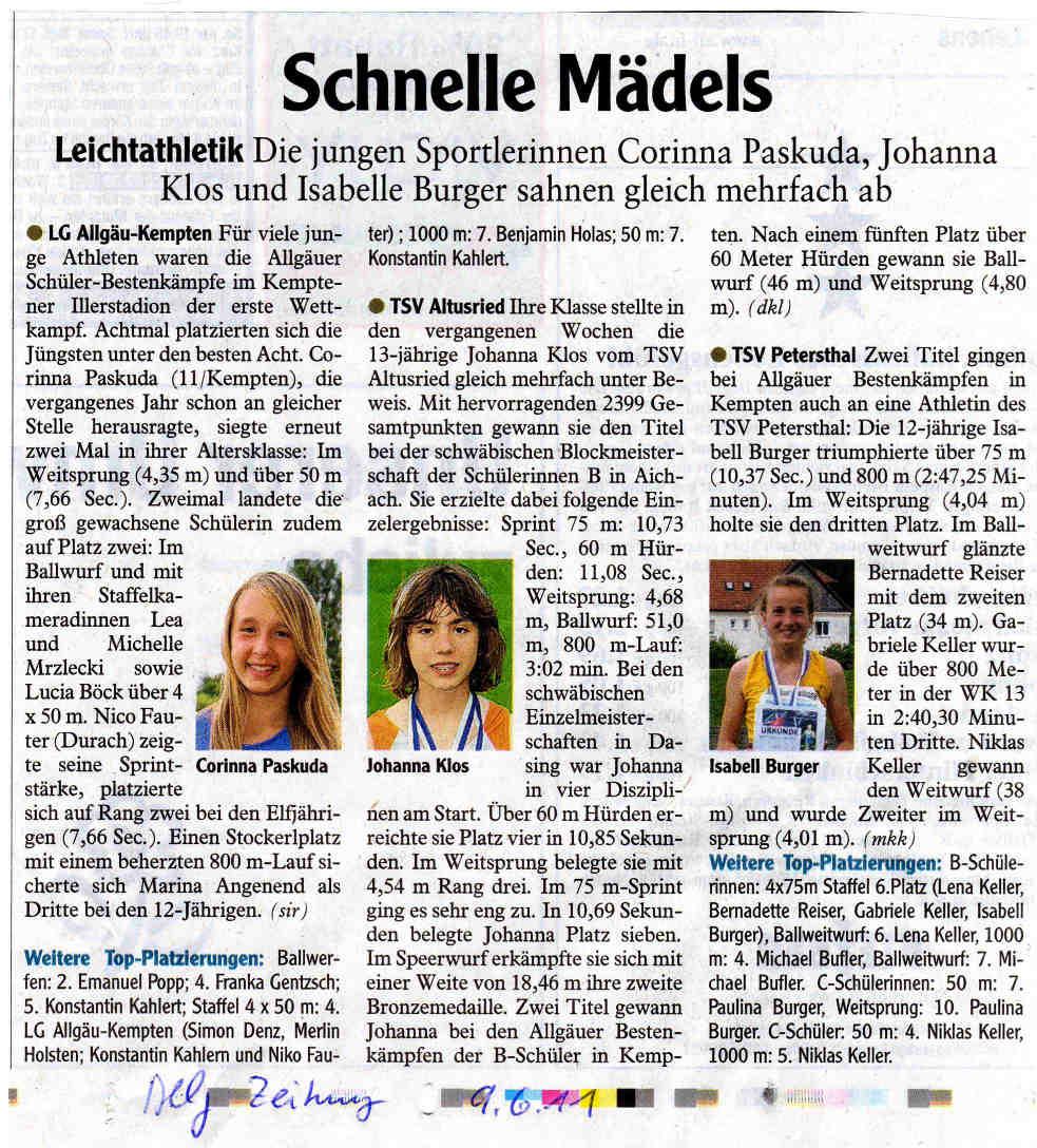 Weiler (fu) 15.06.2011 Wieder einmal war das Leistungsniveau bei der Allgäuer Meisterschaft der B- Schüler in Kempten höher als bei der schwäbischen Meisterschaft in Dasing.