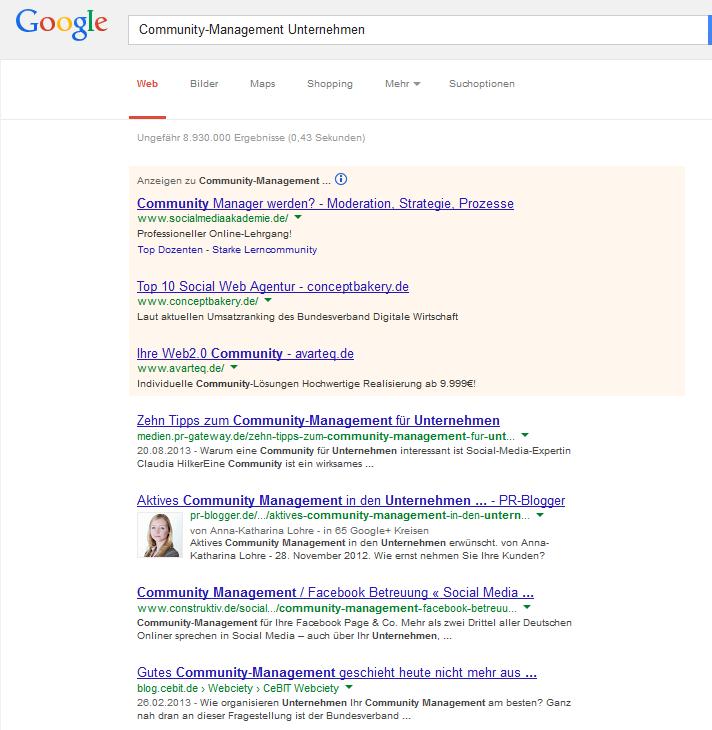 Selbst die Suche nach den Keywords Community-Management, Unternehmen ergibt einen Treffer auf Platz 1 bei Google auf der ersten Seite der Suchergebnisse (siehe Abbildung 4).
