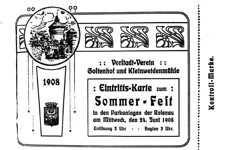 Eintrittskarte zum Sommerfest 1908 in der Rosenau mit schönen Jugendstilornamenten.