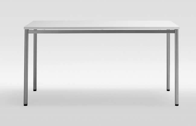 Umleimer: ABS oder Echtholz. Tischbeine: Stahlrohr Ø 35 mm, pulverbeschichtet aluminium natur, graphitschwarz oder verchromt.