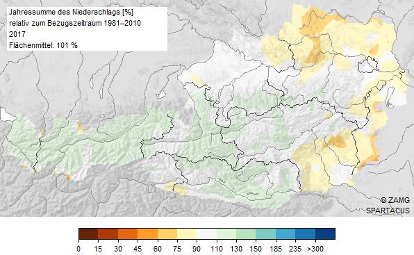 at Abbildung 3: Abweichung der Niederschlagssumme 2017 vom Mittelwert der Klimaperiode 1981 2010 (in %).