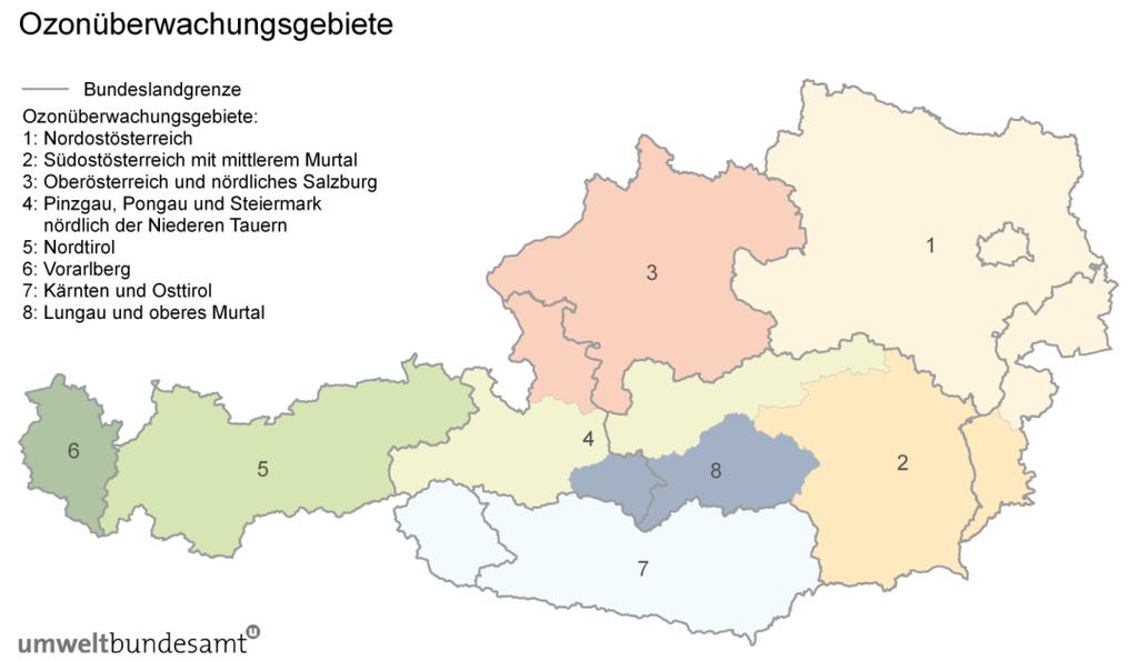 Jahresbericht Luftgütemessungen in Ö 2017 Ergebnisse der Immissionsmessungen Abbildung 31: Einteilung der österreichischen Ozonüberwachungsgebiete. 2.10.