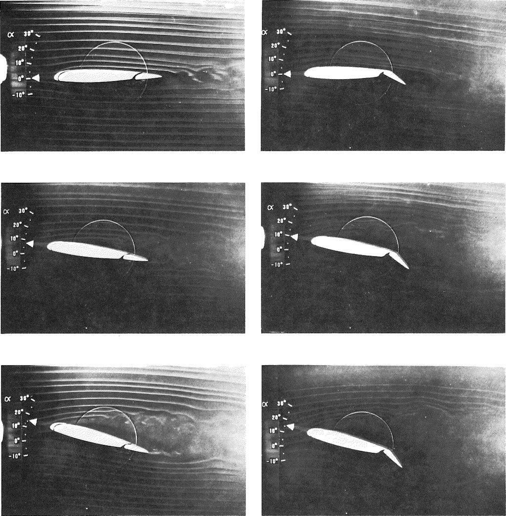 3 Bild 1a-c: Die im Rauchkanal sichtbar gemachte Umströmung eines Tragflügelprofils bei verschiedenen
