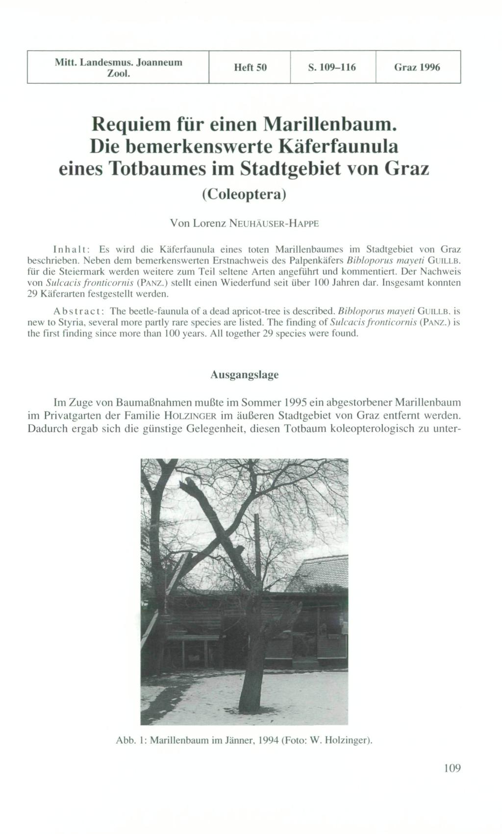 Mitt. Landesmus. Joanneum Zool. Heft SO S.109-116 Graz 1996 Requiem für einen Marillenbaum.
