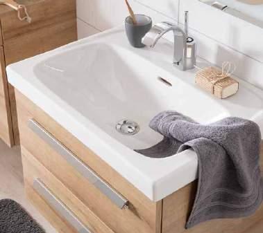 K1 Modernes Design kombiniert mit großzügig geformtem Keramikbecken. Der Waschtischunterschrank mit zwei Auszügen schafft auch im Gästebad viel Stauraum.
