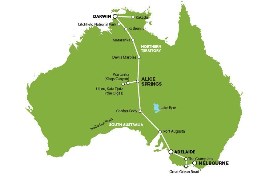 17 Tage Melbourne to Darwin Safari Package Itinerary Day 1: Melbourne - Twelve Apostles Die ersten Stopps nach Melbourne sind in den berühmten Surferstädten Torquay (Herkunftsort der Marken Rip Curl