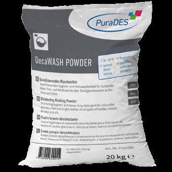VAH RKI* DecaWASH POWDER Desinfizierendes Waschpulver Umfassender Einsatzbereich (30 C - 95 C) für Handwäsche und Waschautomaten Für alle Wasserhärten geeignet Niedrige Einsatzkonzentration