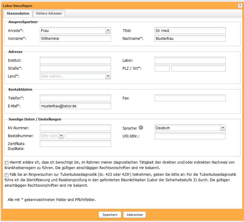 Bitte geben Sie in die folgende Maske die Stammdaten Ihres Labors (Institutes), sowie evtl.