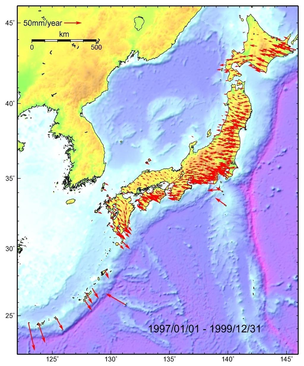 Langzeit-Trends (Plattentektonik): GPS-Netz in Japan Dichtes Netz mit ca.