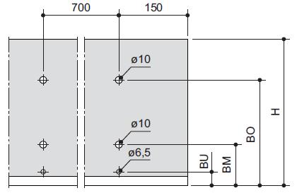 Standardbohrungen (Angabe "Std" in Tabelle) BO... Kanalhöhe - 40 mm BM.