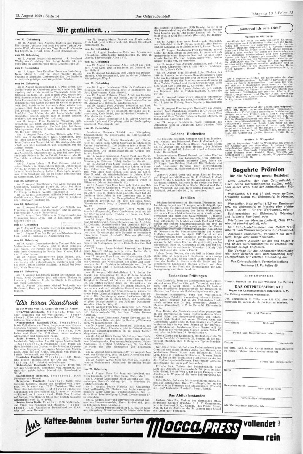 15. August 1959 / Seite 14 Das Ostpreußenblatt Wii zum 95. Geburtstag am 11. August Frau Auguste Rucklies aus Tapiau.